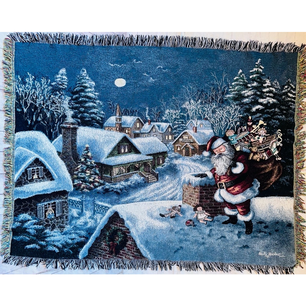 Pristine Vintage Nicky Boehme Christmas Santa Scene 1980’s Tapestry Throw 47X62